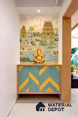 Eclectic pooja room with temple mural wallpaper and chevron pastel laminate cabinet