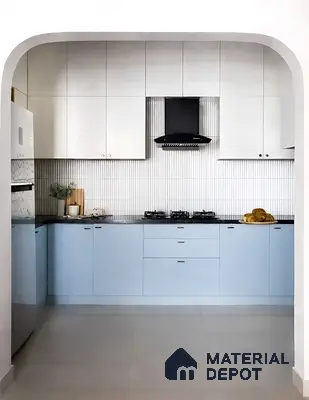 Modern kitchen with frosty white and pastel blue laminate, black granite countertop, and vertical white kitkat backsplash tiles