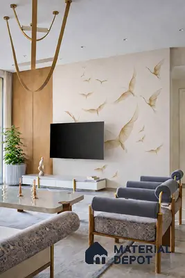 Modern living room with bird motif wallpaper, wood panel accent, and marble top TV unit