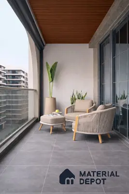 Scandinavian balcony with grey stone floor tiles and wooden slat ceiling