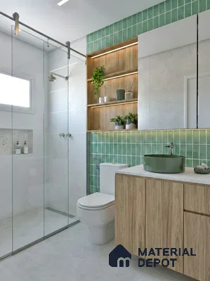 Scandinavian bathroom with sage green kitkat wall tiles and light oak laminate vanity