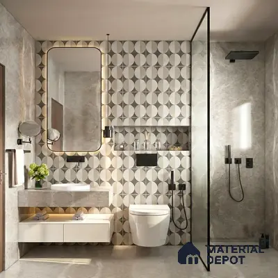 Modern bathroom with geometric patterned wall tiles and grey marble-look floor tiles
