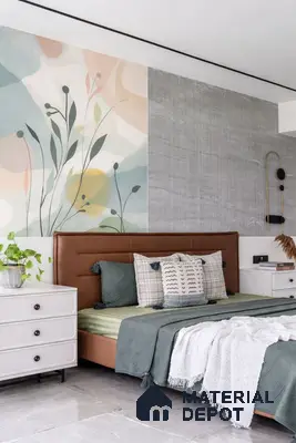 Scandinavian bedroom with abstract floral wallpaper, suede upholstered bed, and grey textured wall panel