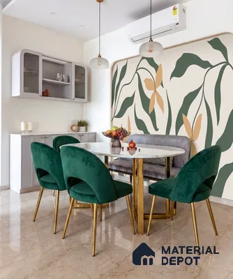 Modern dining room with floral abstract wallpaper, marble dining table, and green velvet chairs