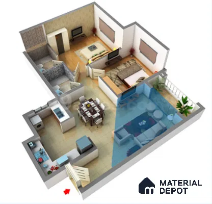 Modern living room with beige floor tiles, white TV unit, and glass balcony partition