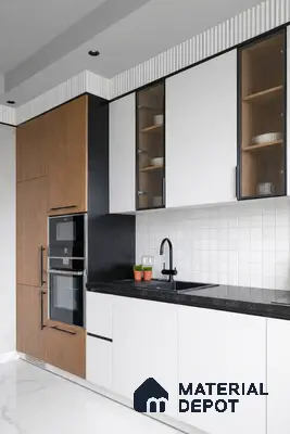 Modern dual tone kitchen with white and oak laminate, black marble countertop, and white square tile backsplash