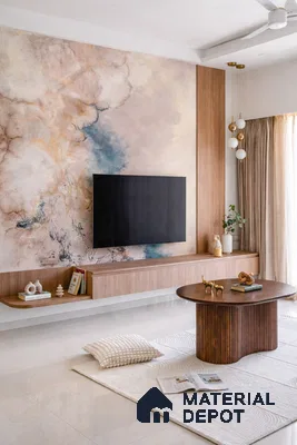 Modern living room with abstract wallpaper, light oak laminate TV unit, and white marble floor tile