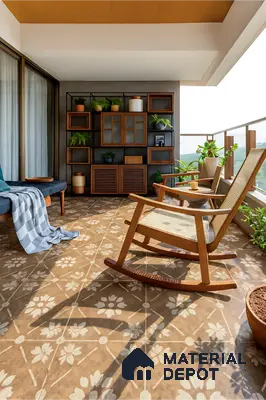 Mid-century modern balcony with floral patterned brown floor tiles and wooden shelving in Brigade Buena Vista Old Madras Road 4 BHK apartment Bengaluru