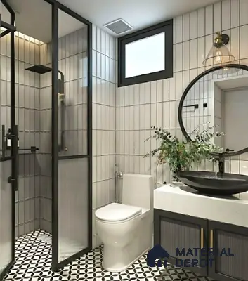 Modern bathroom with vertical white subway wall tiles and black-and-white geometric patterned floor tiles in Brigade Buena Vista Old Madras Road 4 BHK apartment Bengaluru