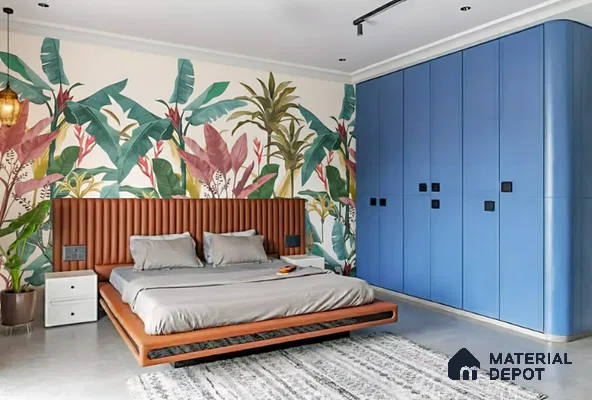 Eclectic bedroom with tropical wallpaper, blue solid color laminate wardrobe, and fluted wood headboard in Brigade Buena Vista Old Madras Road 4 BHK apartment Bengaluru
