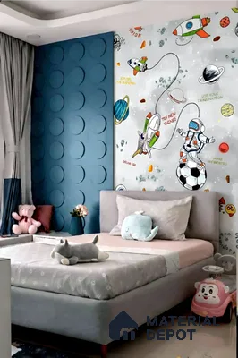 Modern kids room with blue 3D wall panels and space-themed wallpaper in Brigade Buena Vista Old Madras Road 4 BHK apartment Bengaluru