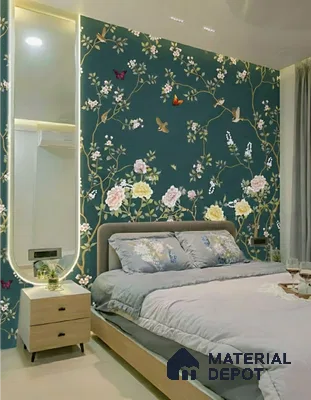 Japandi bedroom with chinoiserie floral wallpaper and light wood bed in Brigade Buena Vista Old Madras Road 4 BHK apartment Bengaluru