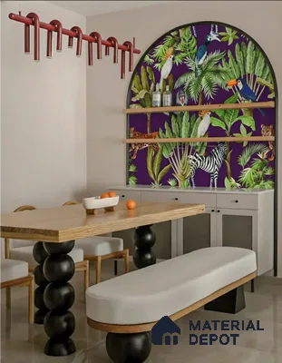 Eclectic dining room with tropical wallpaper, light wood table, and sculptural black legs in Brigade Buena Vista Old Madras Road 4 BHK apartment Bengaluru