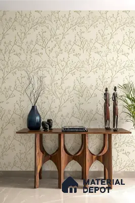 Modern foyer with floral wallpaper and walnut wood console table in Brigade Buena Vista Old Madras Road 4 BHK apartment Bengaluru