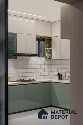 Modern dual tone kitchen with sage green and frosty white laminate, white quartz countertop, and subway backsplash tiles in Brigade Buena Vista Old Madras Road 4 BHK apartment Bengaluru