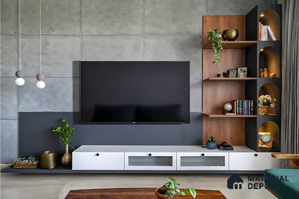 Modern TV unit with concrete finish wall panels, white laminate cabinet, and walnut wood laminate shelves in Brigade Buena Vista Old Madras Road 4 BHK apartment Bengaluru