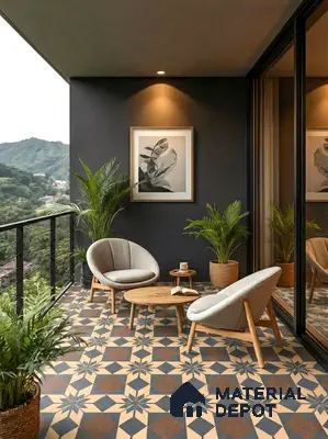 Scandinavian balcony with geometric patterned floor tiles and light wood furniture in 3 BHK apartment Brigade Northridge Yelahanka Bengaluru