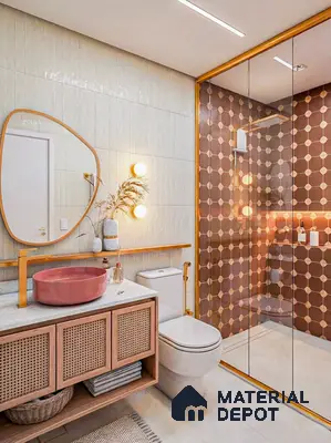 Modern bathroom with beige vertical subway wall tiles, terracotta geometric shower tiles, and rattan vanity in 3 BHK apartment Brigade Northridge Yelahanka Bengaluru
