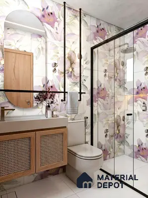 Modern bathroom with floral highlighter wall tiles and cane-front vanity in 3 BHK apartment Brigade Northridge Yelahanka Bengaluru