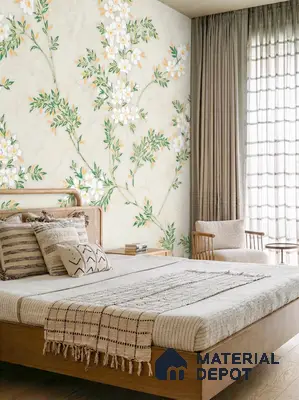 Scandinavian bedroom with floral wallpaper, natural wood bed, and beige textiles in 3 BHK apartment Brigade Northridge Yelahanka Bengaluru