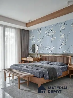 Japandi bedroom with natural wood bed, blue floral chinoiserie wallpaper, and grey marble floor tiles in 3 BHK apartment Brigade Northridge Yelahanka Bengaluru