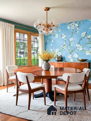 Mid-century modern dining room with walnut wood furniture and blue floral wallpaper accent wall in 3 BHK apartment Brigade Northridge Yelahanka Bengaluru