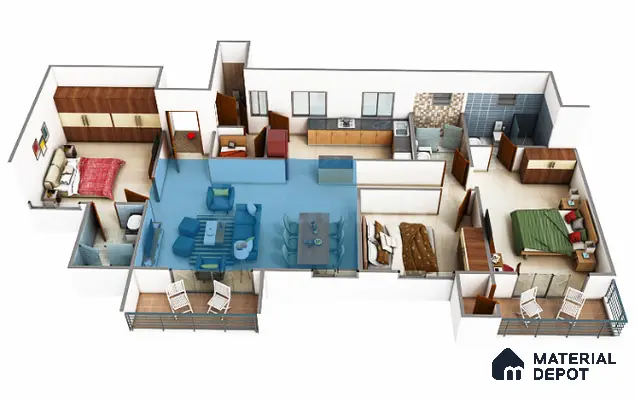 Modern living and dining room with beige floor tiles, wooden laminate furniture, and blue accent upholstery in 3 BHK apartment Brigade Northridge Yelahanka Bengaluru