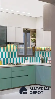 Modern kitchen with sage green laminate, frosty white laminate, and turquoise vertical subway backsplash tiles in 3 BHK apartment Brigade Northridge Yelahanka Bengaluru
