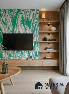 Scandinavian living room with green tropical wallpaper and light oak laminate TV unit in 3 BHK apartment Brigade Northridge Yelahanka Bengaluru