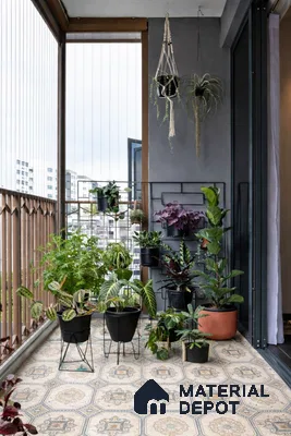 Eclectic balcony with patterned vintage floor tiles and potted plants