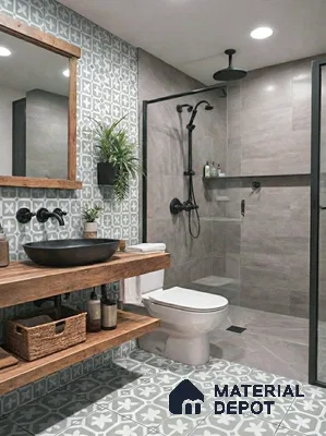 Modern bathroom with patterned grey and white floor and wall tiles, wooden countertop, and matte black fixtures