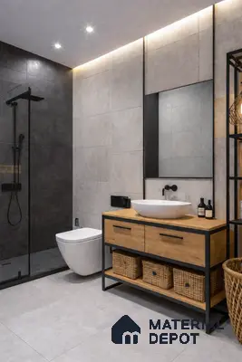 Industrial bathroom with grey stone tiles and natural wood vanity