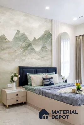 Modern bedroom with mountain mural wallpaper, suede upholstered bed, and marble floor tiles