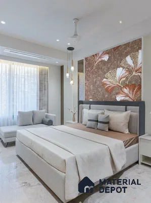 Modern bedroom with floral wallpaper accent wall and beige marble flooring
