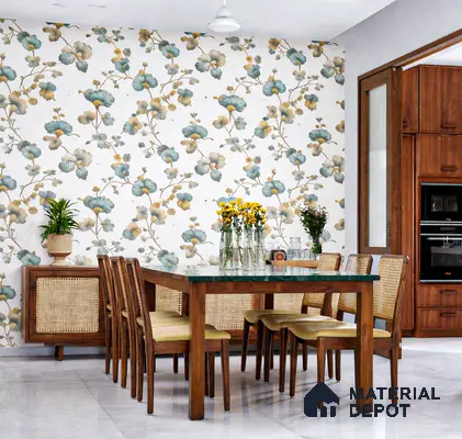 Mid-century modern dining room with floral wallpaper, cane panel furniture, and marble floor tile