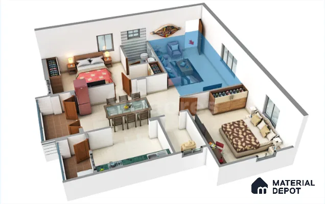 Modern living room with glass center table, blue sectional sofa, and beige floor tiles