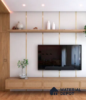 Modern TV unit with oak wood laminate, cane drawer fronts, and gold accent profiles
