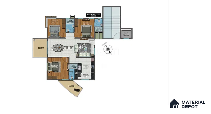Modern 3BHK apartment floor plan with wooden flooring and tiled bathrooms of 3 BHK apartment in Candeur Carlisle Narayanapura Bengaluru