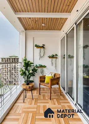 Scandinavian balcony with light oak wood floor tiles and slatted wood ceiling of 3 BHK apartment in Candeur Carlisle Narayanapura Bengaluru