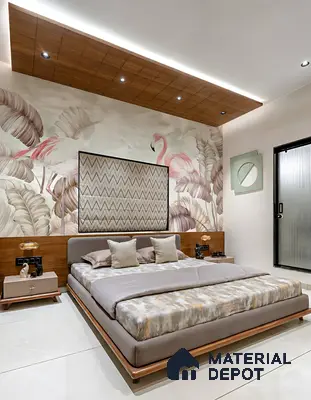 Modern bedroom with flamingo tropical wallpaper, wooden ceiling panels, and beige marble floor tiles of 3 BHK apartment in Candeur Carlisle Narayanapura Bengaluru