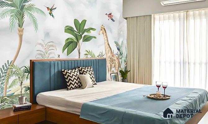 Eclectic bedroom with tropical animal print wallpaper and blue suede upholstered headboard of 3 BHK apartment in Candeur Carlisle Narayanapura Bengaluru
