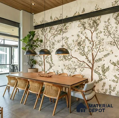 Japandi dining room with chinoiserie wallpaper, natural wood dining table, and cane chairs of 3 BHK apartment in Candeur Carlisle Narayanapura Bengaluru