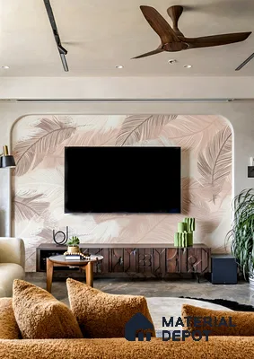 Modern living room with tropical patterned wallpaper, walnut wood TV unit, and textured beige upholstery of 3 BHK apartment in Candeur Carlisle Narayanapura Bengaluru