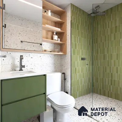 Modern bathroom with olive green kitkat wall tiles, terrazzo floor and wall tiles, and green laminate vanity