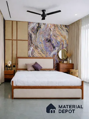 Modern bedroom with abstract marble wallpaper accent wall and natural wood bed frame