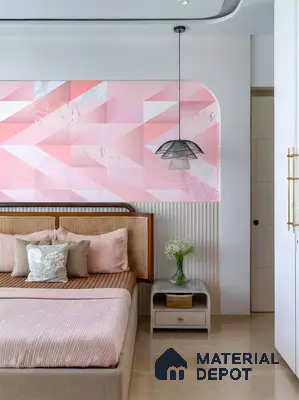 Modern bedroom with pastel pink geometric wallpaper, cane headboard, and beige marble flooring