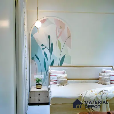 Scandinavian bedroom with pastel abstract floral wallpaper and light wood laminate furniture