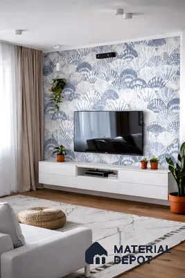 Modern living room with blue patterned wallpaper, white floating TV unit, and light wood flooring