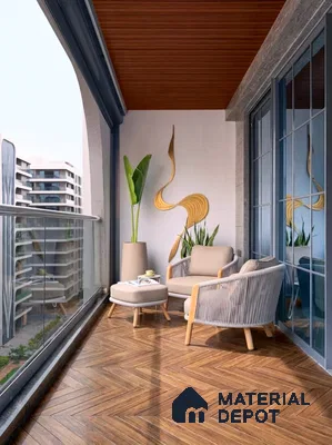 Modern balcony with herringbone wood-look floor tile and wooden ceiling panels in 4 BHK apartment Casagrand Luxus K R Puram Bengaluru
