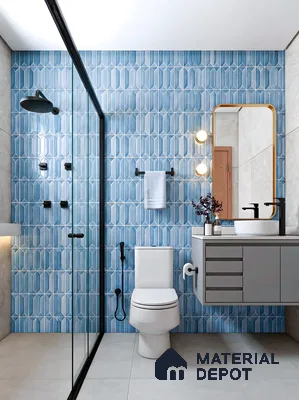 Modern bathroom with blue geometric wall tiles and grey floating vanity in 4 BHK apartment Casagrand Luxus K R Puram Bengaluru